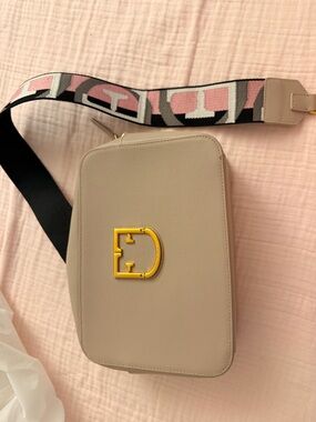 Furla Beige Crossbody Bag with Yellow Logo and Pink-Patterned Strap